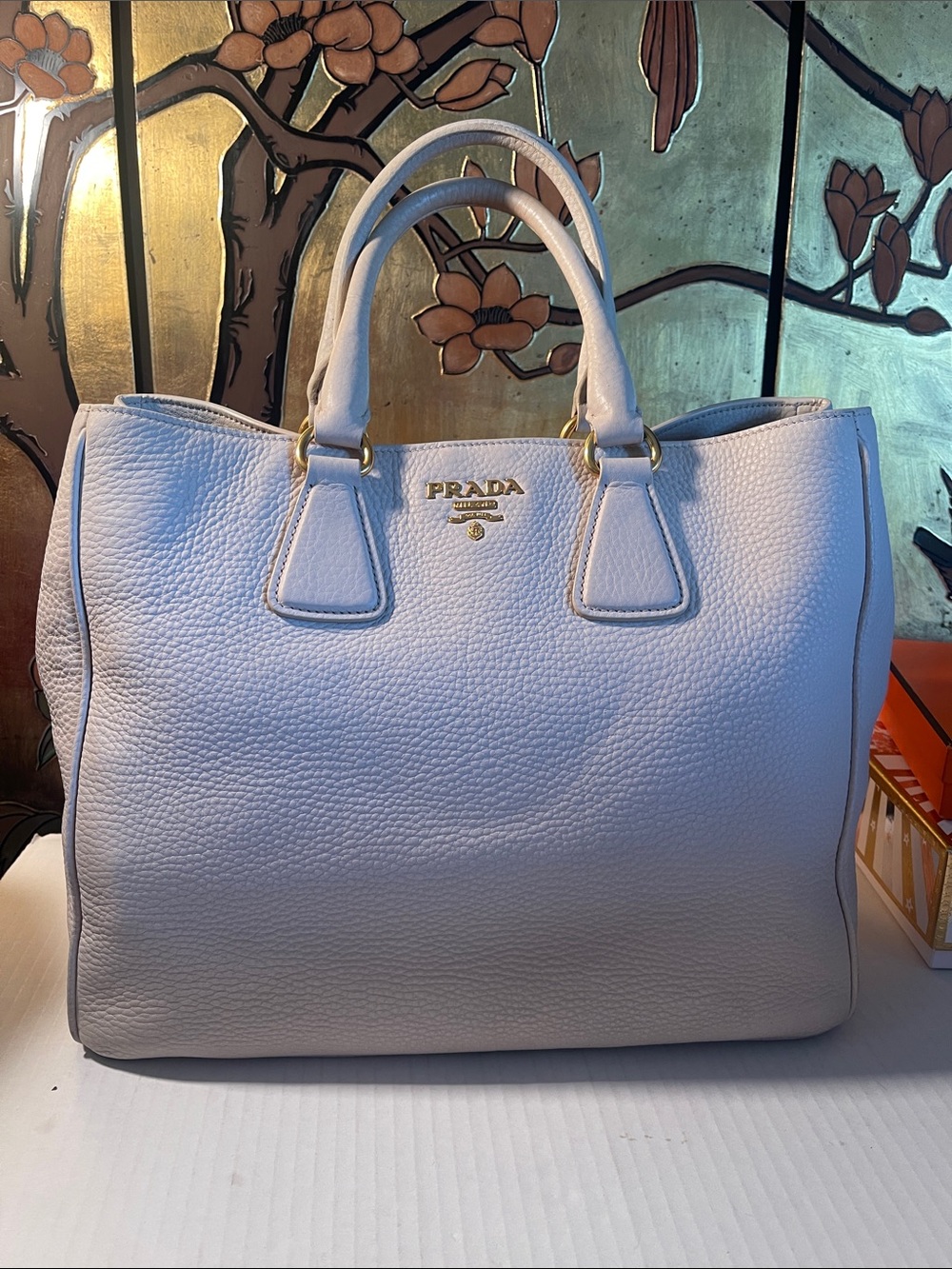 Prada Pebbled Leather Satchel in Off-White with Gold Hardware PRE-OWNED